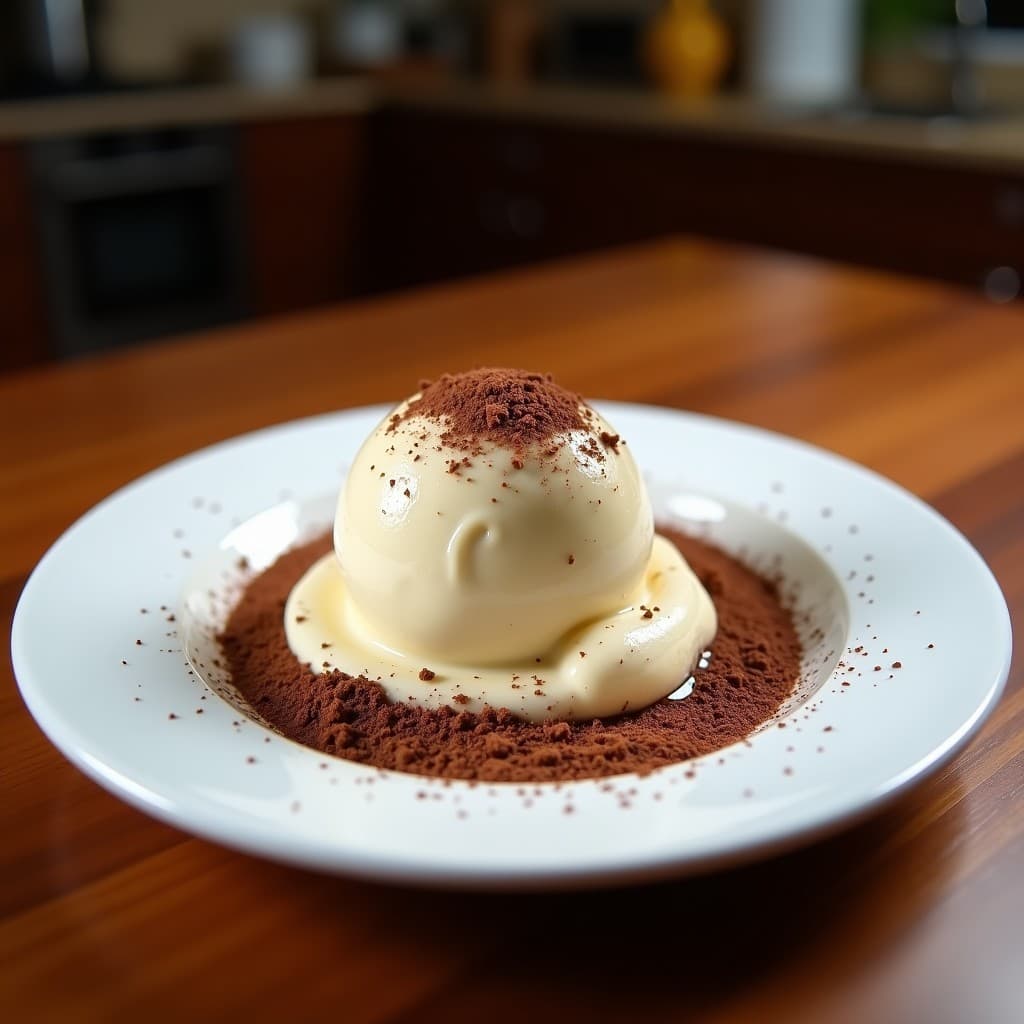 Helado cremoso de color naranja claro servido en un cucurucho de barquillo, con virutas de chocolate negro 85% espolvoreadas por encima y hojas de menta fresca como decoración. Al fondo, una rodaja de mamey y un coco abierto muestran los ingredientes principales. Textura suave y brillante bajo luz natural.