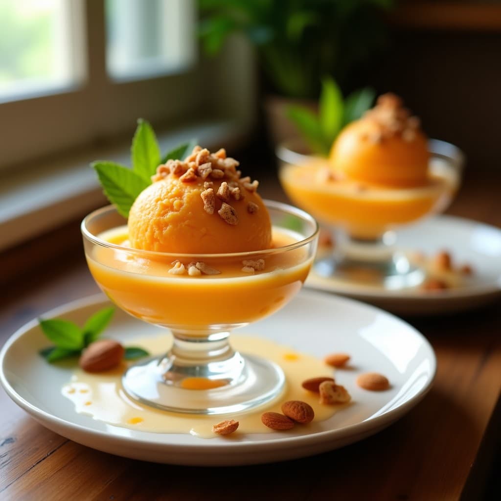 Copas de helado cremoso de color naranja intenso con trozos dorados de nougat de almendra y almendras fileteadas tostadas, servido sobre fondo rústico de madera con hojas de menta.