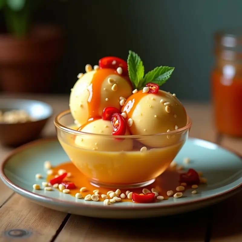 Copa de helado cremoso de color dorado, coronado con salsa de tamarindo brillante y trozos de chile rojo. Decorado con semillas de sésamo tostadas y hojas de lima kaffir, sobre un fondo rústico de madera oscura con elementos tailandeses.
