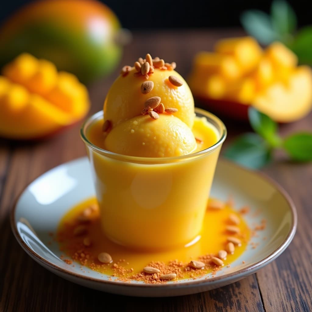 Helado cremoso de color naranja intenso servido en un cuenco de barro, coronado con semillas de pepita tostadas y doradas. Al fondo, chiles de árbol secos y rodajas de mango fresco como decoración. Postre mexicano vegano sin lácteos.