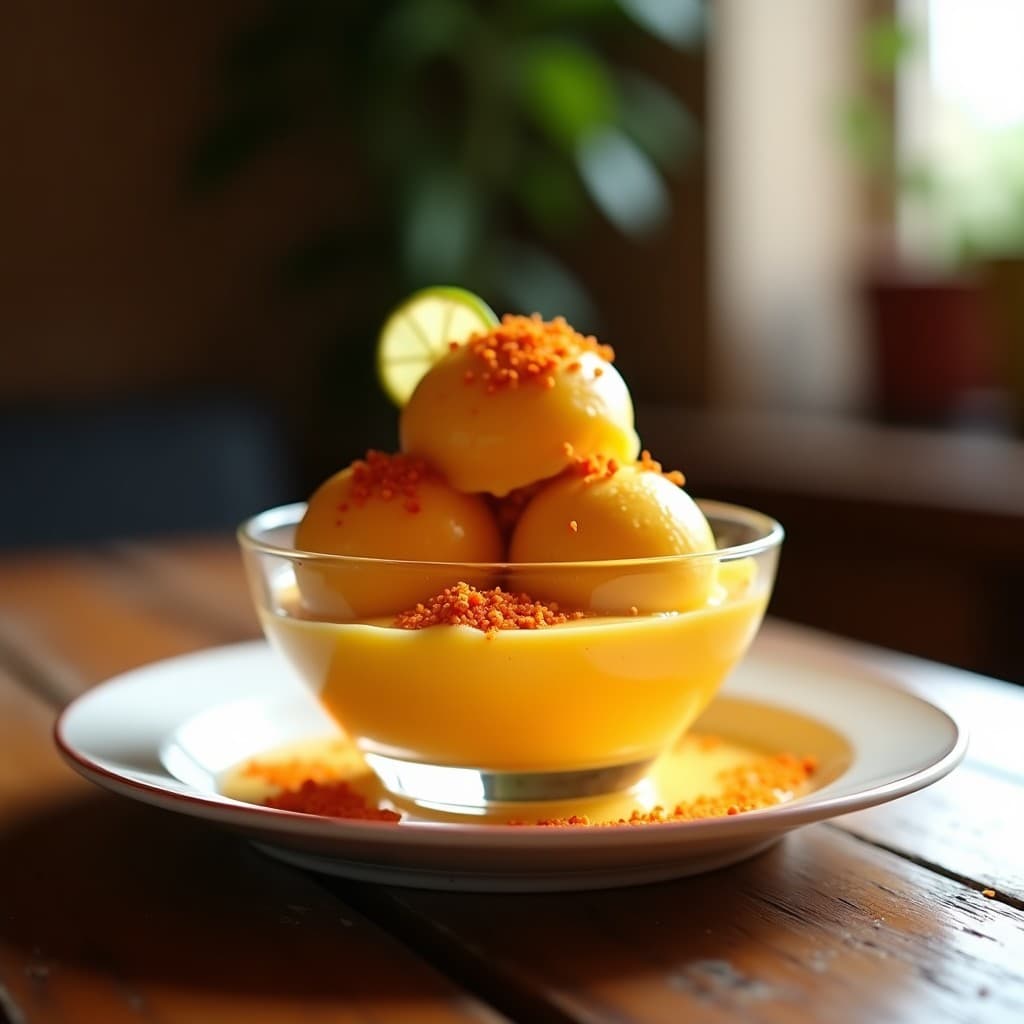 Copa de cristal con helado cremoso de mango y chile, coronado con una crujiente garrapiñada de semillas de calabaza y girasol. Decorado con un espolvoreado de chile en polvo y rodajas de limón verde, sobre fondo rústico de madera.