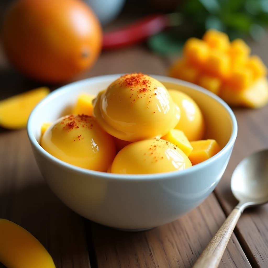 Helado cremoso de mango con un toque de pimienta de cayena, servido en un bol blanco con trozos de mango fresco y una pizca de cayena espolvoreada por encima. Postre vegano sin lácteos.