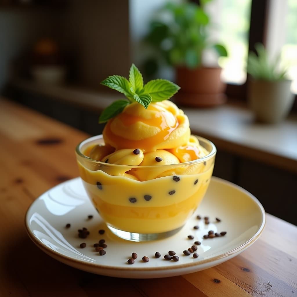 Copa de vidrio transparente con helado de maracuyá y semillas de chía, vetas doradas de miel de ulmo en espiral, decorado con semillas de chía y hojas de menta fresca sobre fondo rústico de madera.
