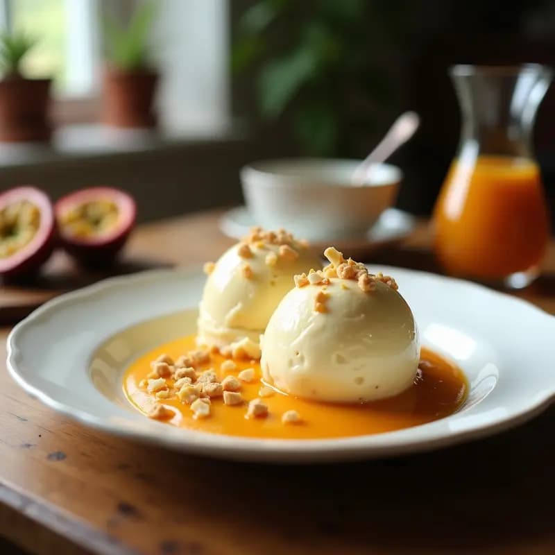 Helado de maracuyá y coco con base de almendras servido en moldes individuales, decorado con coco rallado y virutas de almendra tostada, postre venezolano sin azúcar.