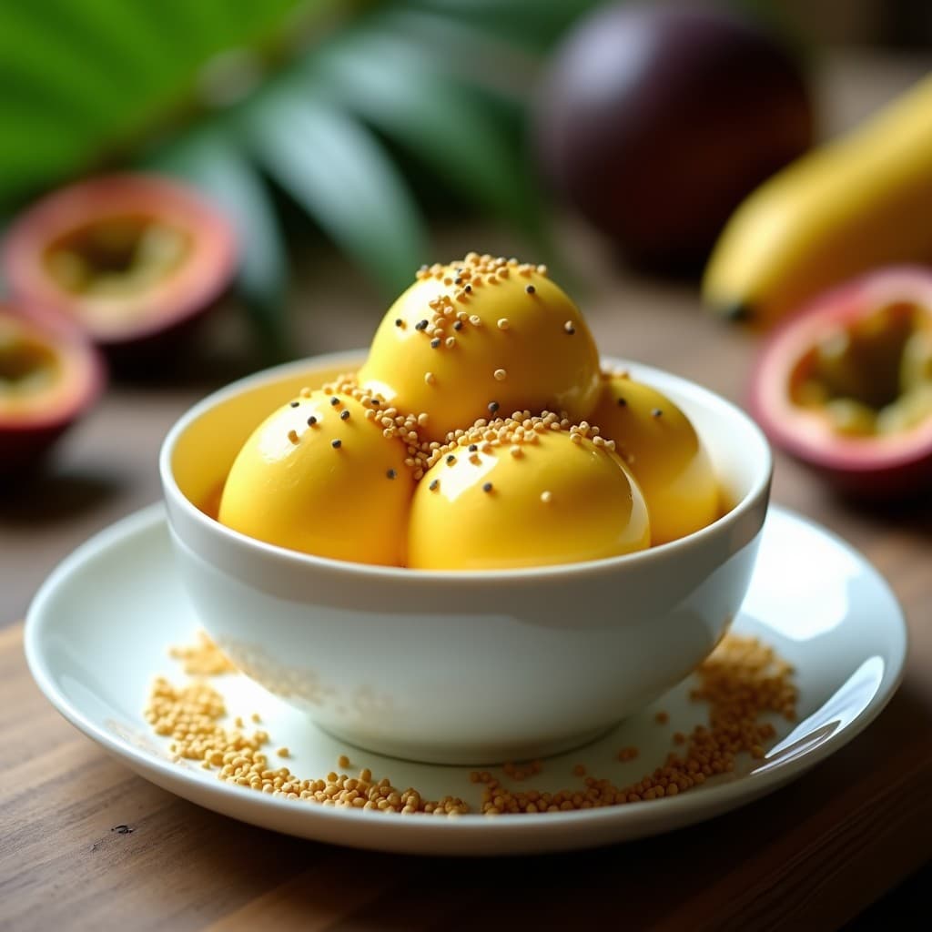 Copa de helado cremoso de color amarillo dorado con vetas de maracuyá, coronado con semillas de sésamo negro y blanco tostadas. Postre brasileño antiinflamatorio servido en un plato de cerámica blanca con fondo de hojas de palma.