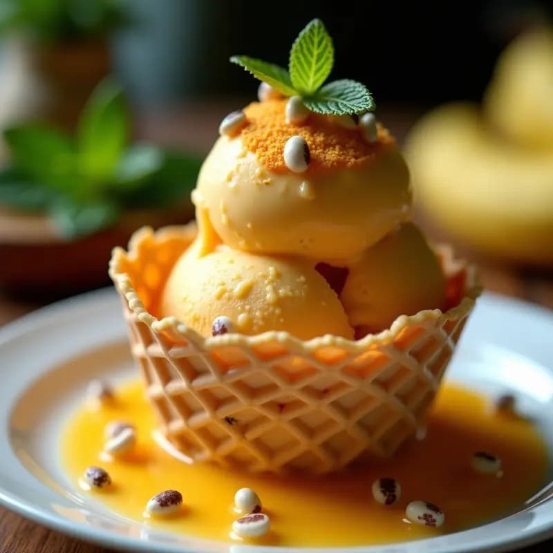Copa de helado cremoso de color naranja intenso con vetas doradas, decorado con semillas de cába y trozos de plátano. Postre colombiano sin azúcar servido en cucurucho de galleta, con fondo borroso de hojas de menta.