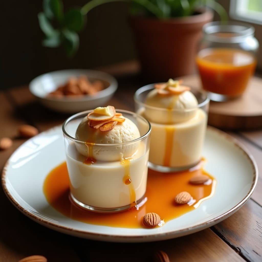 Helado de Maria vegano con sirope de tamarindo servido en copas de vidrio transparente, decorado con almendras fileteadas y un hilo de sirope dorado. Postre colombiano sin lácteos, cremoso y con textura suave.