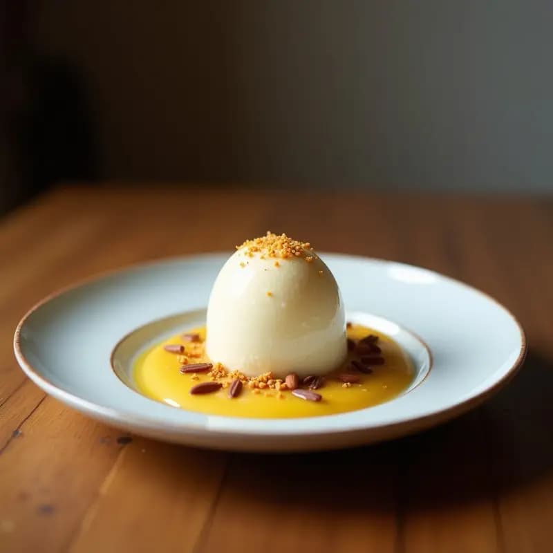 Copa de cristal transparente con helado de mastic y cardamomo vegano, de color crema pálido, decorado con pistachos picados y un hilo de agua de rosas. Fondo rústico con textura de madera y hojas de menta fresca.