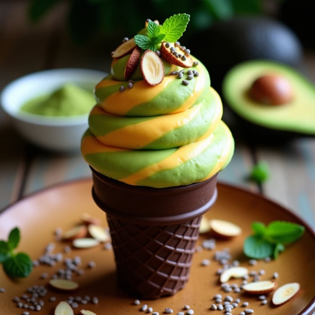 Helado de matcha y acerola con base de aguacate en un cucurucho de barquillo keto, decorado con almendras fileteadas y semillas de chía, sobre fondo rústico de madera con hojas de menta y polvo de matcha esparcido.