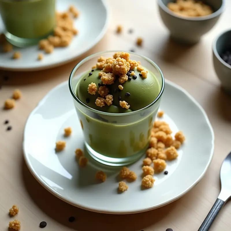 Copa de helado cremoso de color verde intenso (matcha) con vetas marrones (cacao), coronado por crujiente de quinoa dorada y semillas de sésamo negro. Postre japonés vegano elegante y saludable.