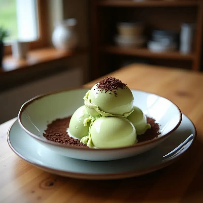 Copa de helado cremoso de color verde claro con vetas de coco, coronado con virutas de chocolate negro 90% y un toque de coco rallado. Postre japonés sin lactosa servido sobre una mesa de madera rústica.
