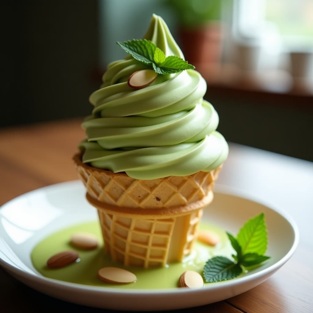 Cucurucho de barquillo con helado de matcha y leche de almendras sin azúcar, textura cremosa y color verde vibrante, decorado con almendras fileteadas y hojas de menta sobre fondo blanco.