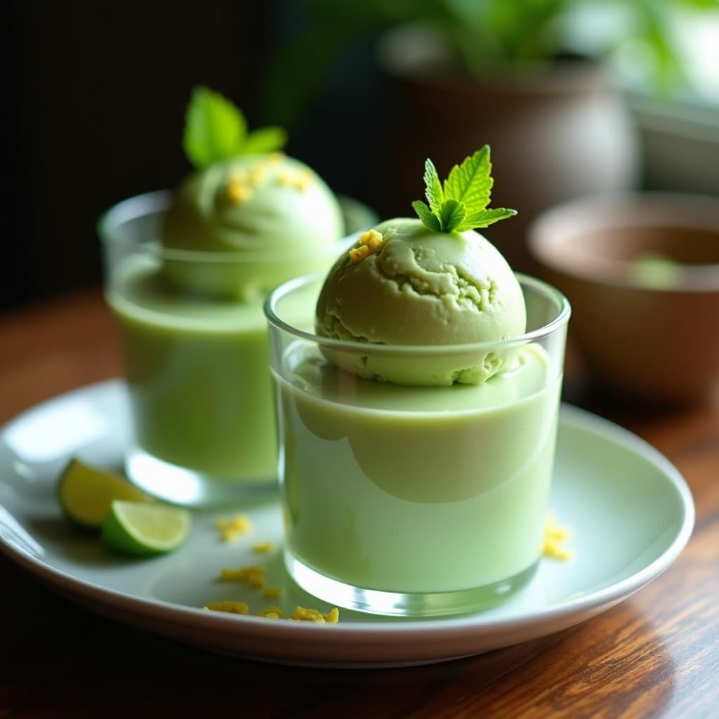 Helado de matcha y leche de tigre keto servido en copas transparentes, con un color verde vibrante y textura cremosa, decorado con raspaduras de lima y hojas de menta sobre un fondo de madera rústica.