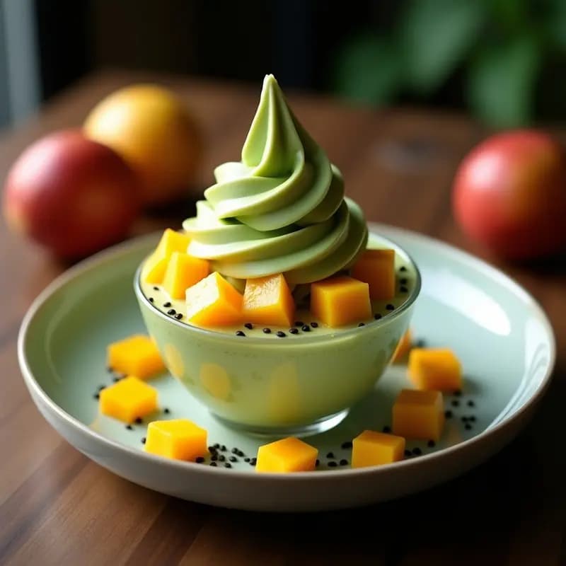 Helado de matcha y mango en capas verdes y naranjas perfectamente definidas, servido en un plato blanco con topping de wasabi en puntos blancos, semillas de sésamo negro y láminas de mango fresco. Decoración con hojas de menta sobre fondo minimalista.