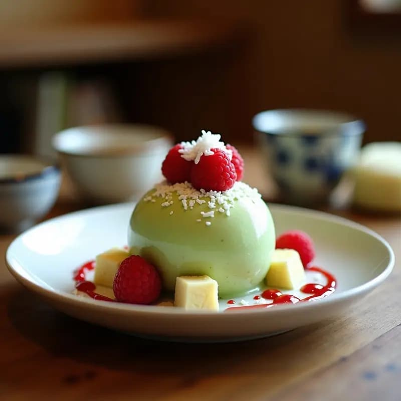 Copa de helado verde vibrante de matcha con trozos de mochi blanco, salsa roja de frambuesa y virutas doradas de coco tostado, servido con cuchara de metal y fondo borroso de cocina moderna.