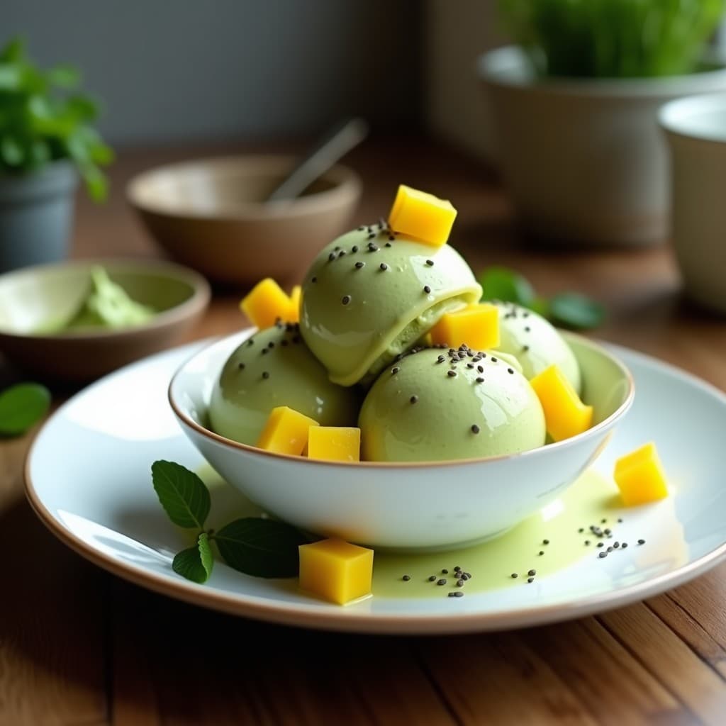 Helado cremoso de color verde claro con trozos de qoquitos amarillos, servido en un cuenco de cerámica blanca sobre una mesa de madera con semillas de chía esparcidas y hojas de menta como decoración.
