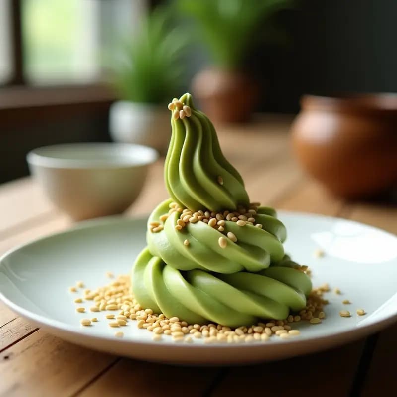 Cucurucho de helado artesanal de color verde pálido con vetas de semillas de lino dorado, servido sobre un plato blanco con fondo de madera rústica. Postre japonés sin lactosa y alto en omega-3.