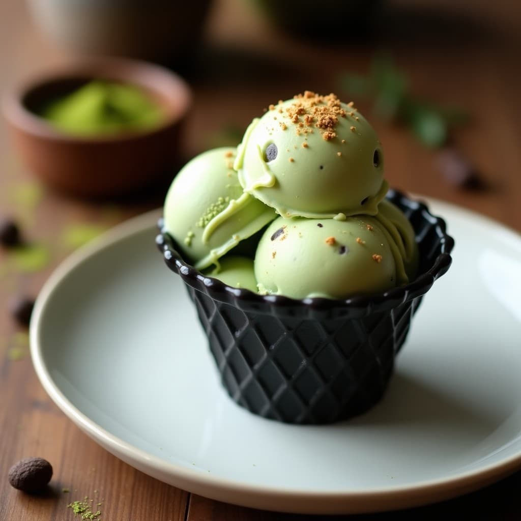 Helado cremoso de color verde pálido con vetas doradas de especias, salpicado de trozos oscuros de cacao nibs, servido en un cucurucho de barquilla negro sobre un plato de cerámica blanca. Postre indio-japonés sin azúcar.