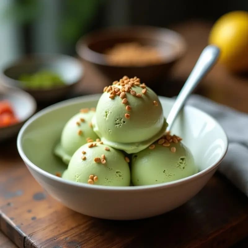 Helado cremoso de color verde claro con trozos visibles de umeboshi, servido en un cuenco blanco con crujiente de semillas de lino doradas espolvoreadas por encima. Postre japonés keto sin azúcar.