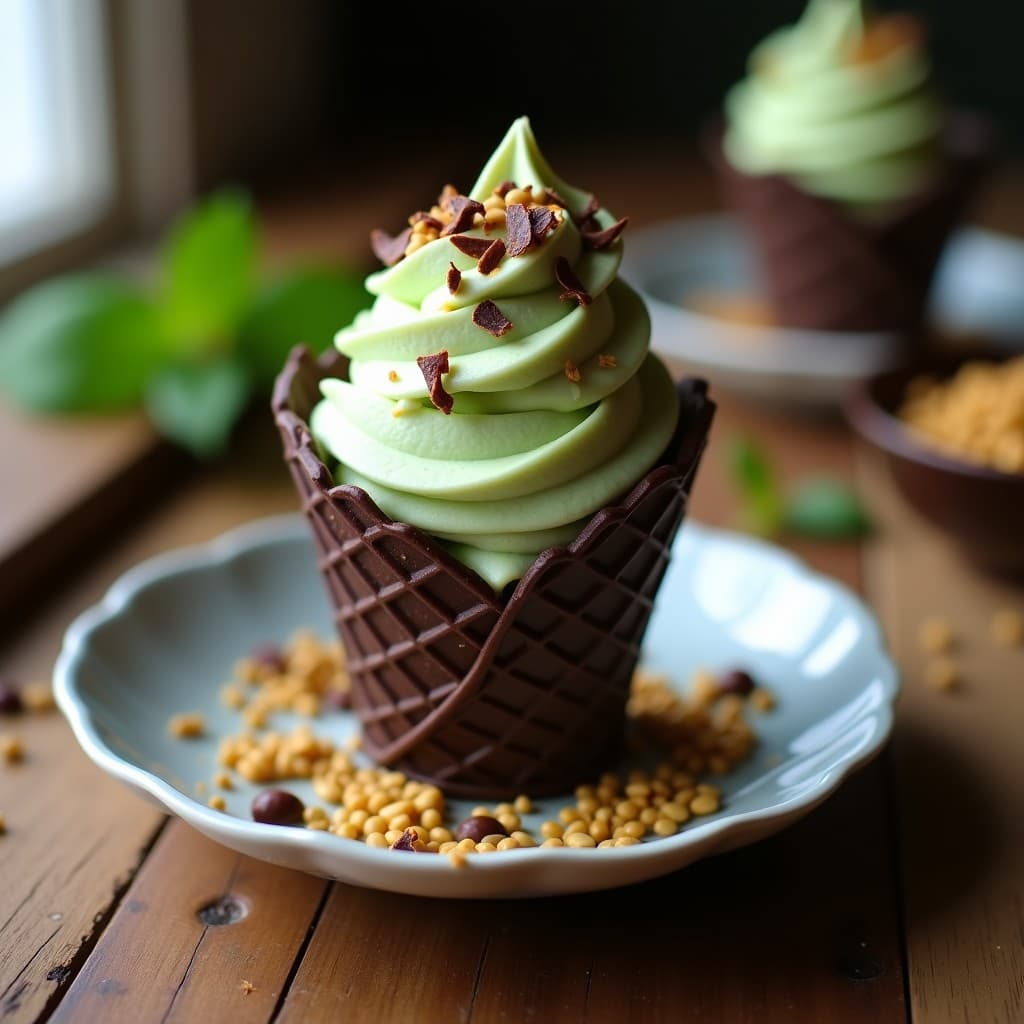 Helado cremoso de color verde terroso servido en un cucurucho de barquillo keto, decorado con virutas de chocolate negro 85% y semillas de amaranto tostado dorado. Plato con fondo de madera rústica y hojas de máte como elemento decorativo.