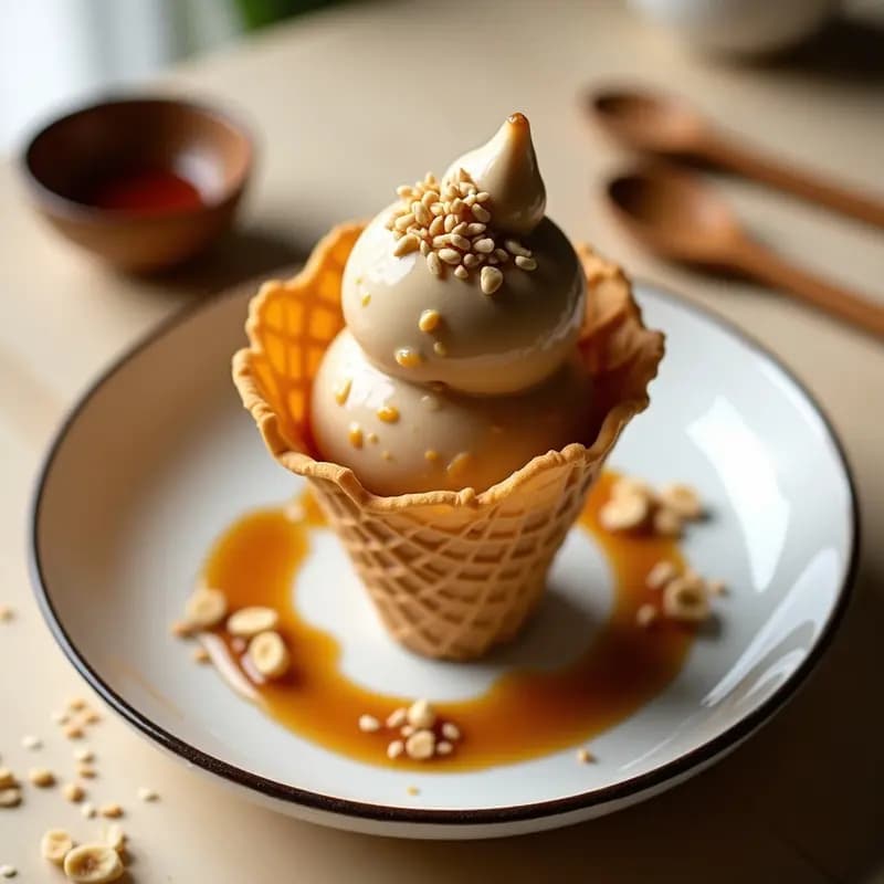 Helado cremoso de miso caramelizado y plátano macho en un cucurucho de barquilla, decorado con cacahuetes tostados y semillas de sésamo, con un fondo de textura japonesa minimalista.
