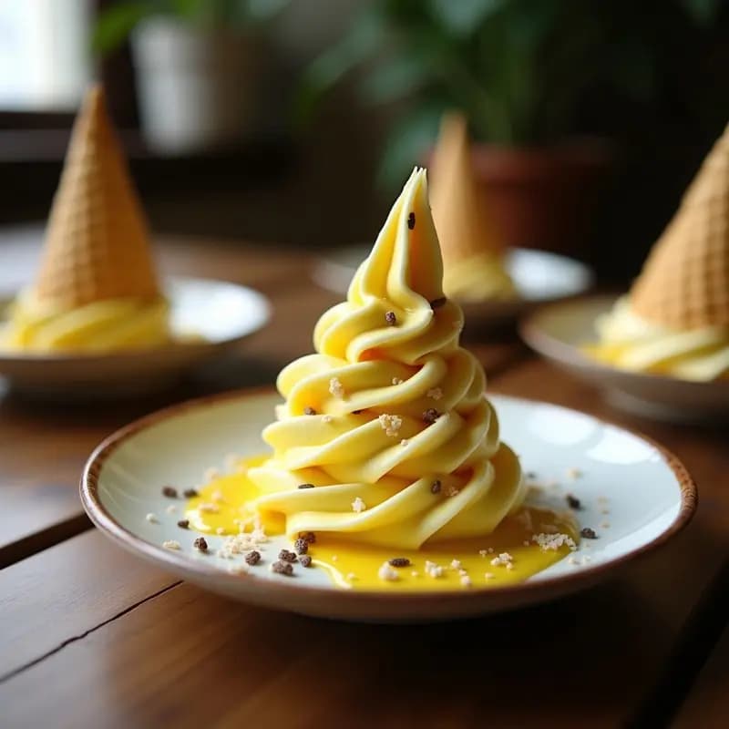 Cucurucho de helado artesanal con vibrante mezcla amarilla y blanca de helado de P Stahl y maracuyá, decorado con copos de coco y semillas de chía, sobre fondo rústico de madera.