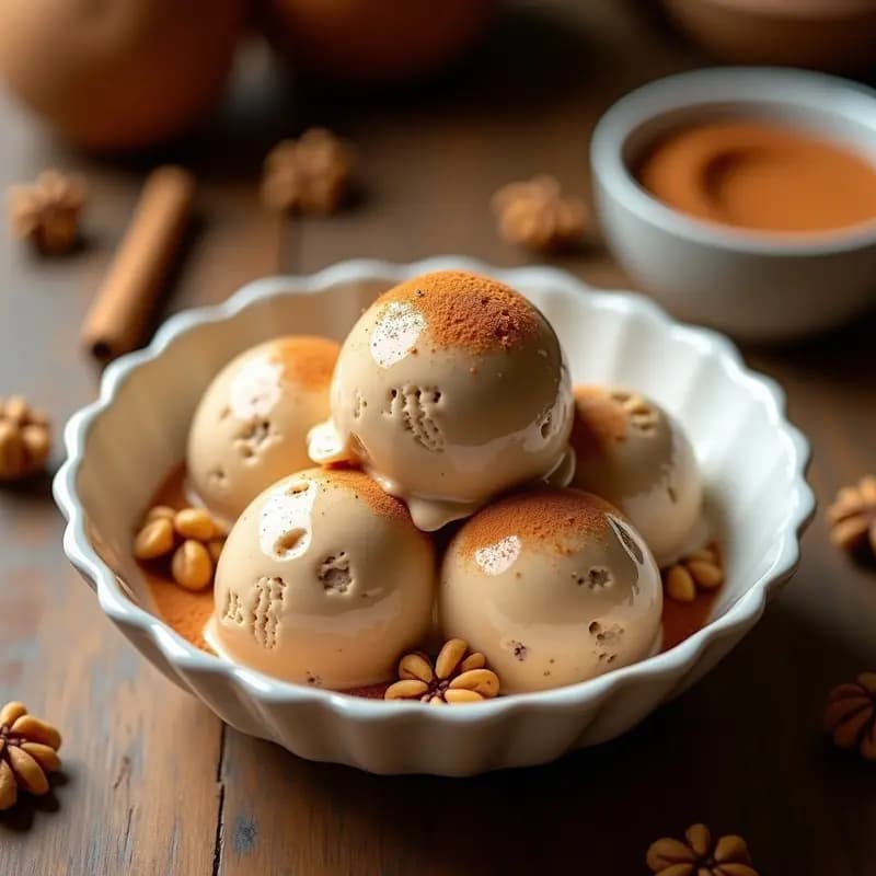 Cucurucho de helado artesanal de pajarete con trozos de nuez tostada y un espolvoreado de canela en polvo, servido en un plato blanco rústico con fondo desenfocado.