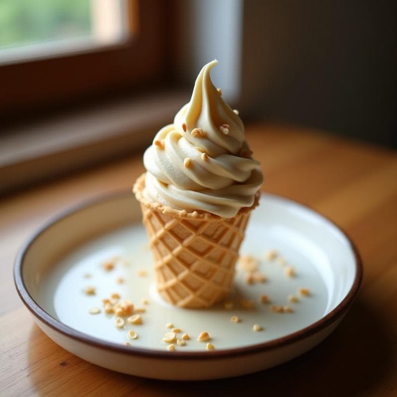 Cucurucho de helado artesanal de color beige claro con vetas doradas, decorado con semillas de sésamo tostadas. Textura cremosa y suave, servido sobre un plato blanco rústico con fondo desenfocado. Helado de pan de jengibre y miso blanco, postre japonés vegano sin azúcar.