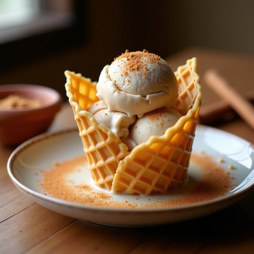 Helado cremoso de panela y queso fresco servido en un cucurucho artesanal, con vetas doradas de caramelo natural y una pizca de canela en polvo. Postre colombiano sin azúcar añadido en un estilo rústico y apetitoso.