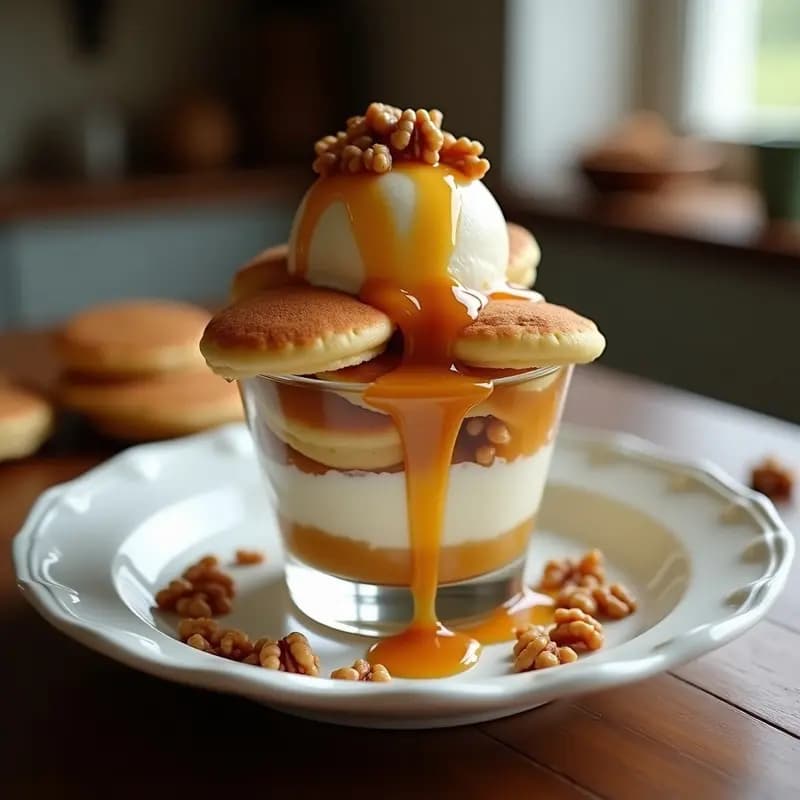 Bol hondo de cristal con helado de panqueques en capas, bañado en salsa de caramelo brillante y espolvoreado con nueces tostadas. Postre hipercalórico ideal para desayunar.