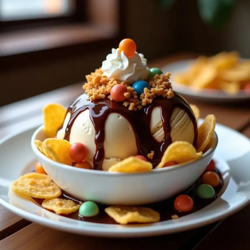 Plato hondo blanco con helado de vainilla cubierto de salsa de chocolate brillante, trozos de patatas fritas doradas, Lacasitos coloridos y nata montada. Receta de helado de patatas fritas con salsa de chocolate y toppings de lacasitos.