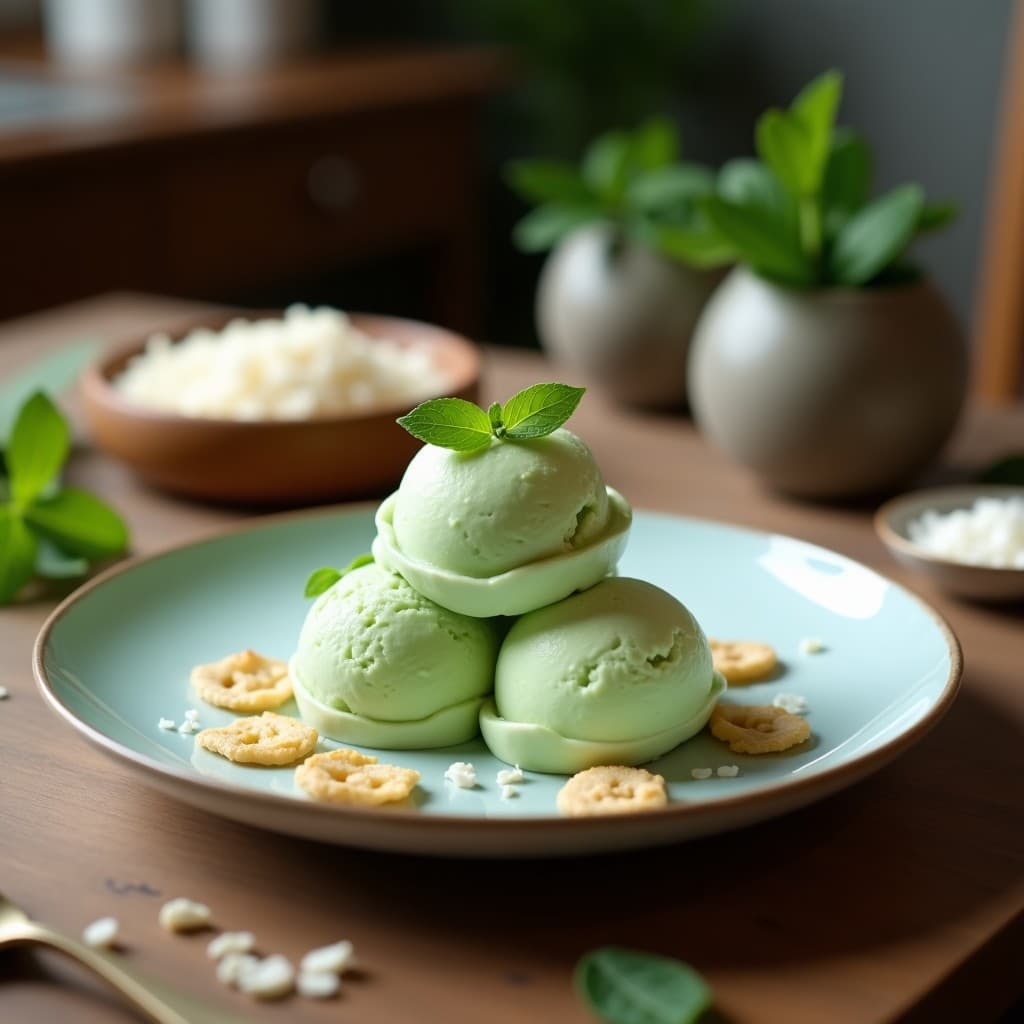 Copa de helado blanco cremoso con trozos verdes de pepino, espolvoreado con chips dorados de coco tostado. Postre tailandés sin azúcar, fresco y vibrante, servido en un plato de cerámica con fondo borroso de hojas tropicales.