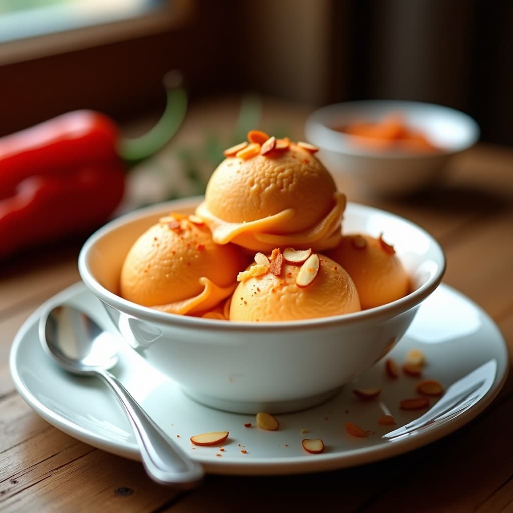 Helado cremoso de color naranja suave en un cuenco de cerámica blanca, decorado con almendras fileteadas doradas y un espolvoreado de pimentón ahumado. Textura sedosa y brillante, servido con una cuchara de metal sobre una mesa rústica de madera con un pimiento asado de fondo.