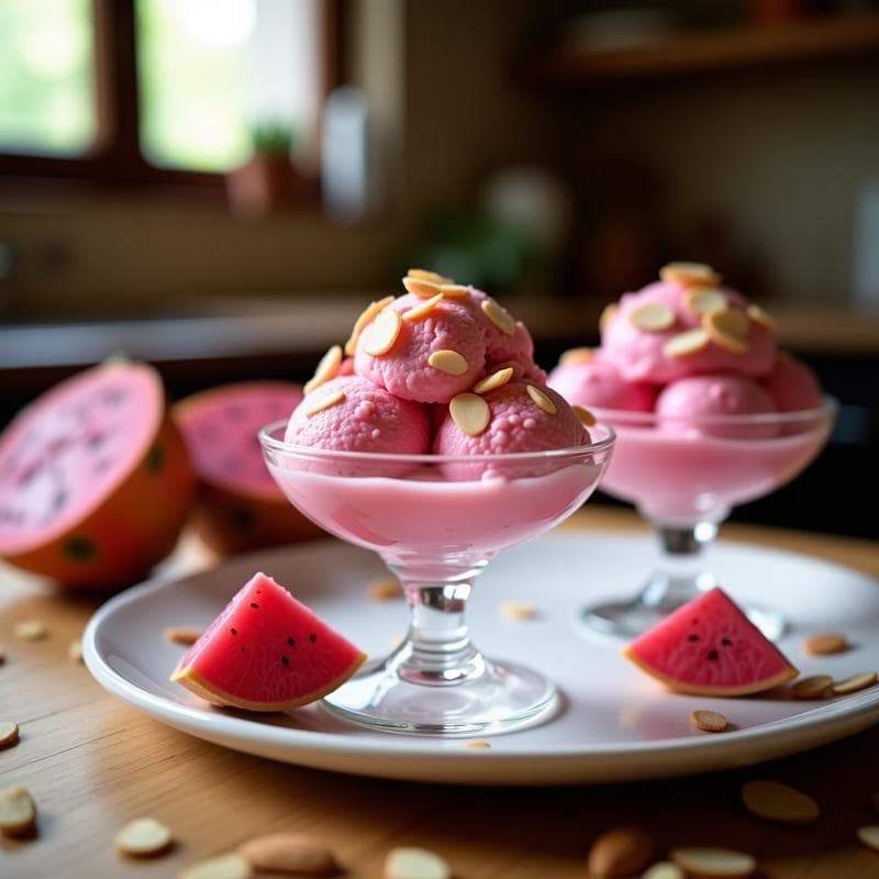 Helado cremoso de pitahaya y alberche sin azúcar, servido en copas de cristal con almendras fileteadas por encima, fondo borroso de cocina rústica española.
