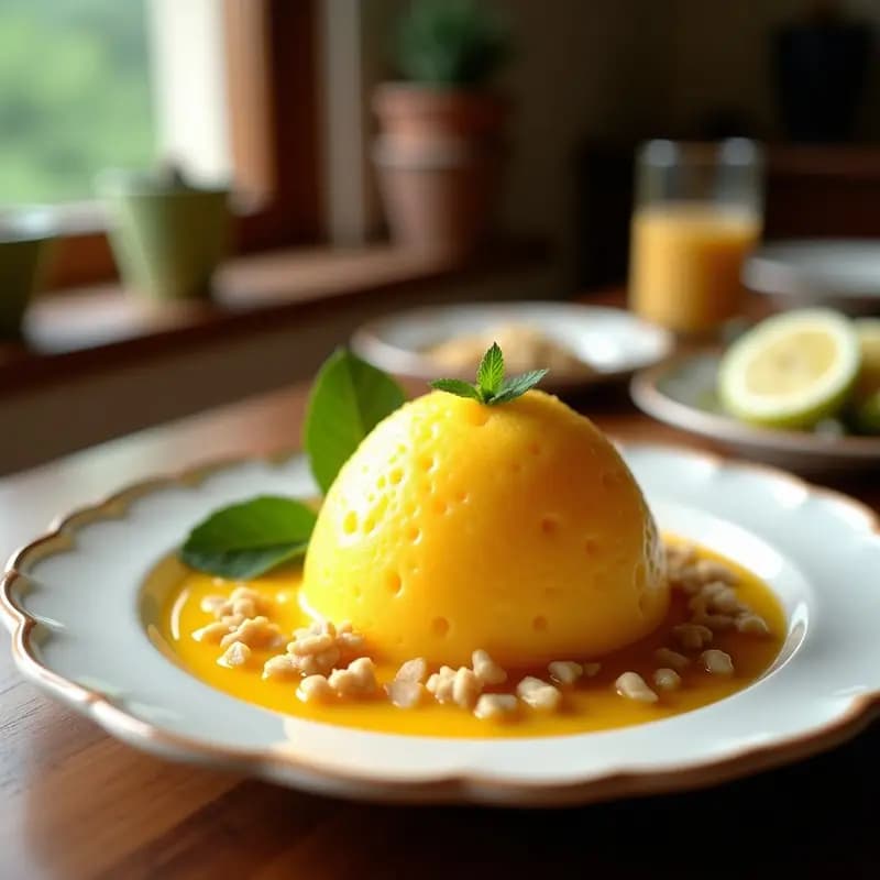 Helado cremoso de pitahaya amarilla con trozos de corazón blanco y hojas de albahaca fresca, servido en un cuenco de cerámica blanca sobre una mesa de madera rústica con luz natural.