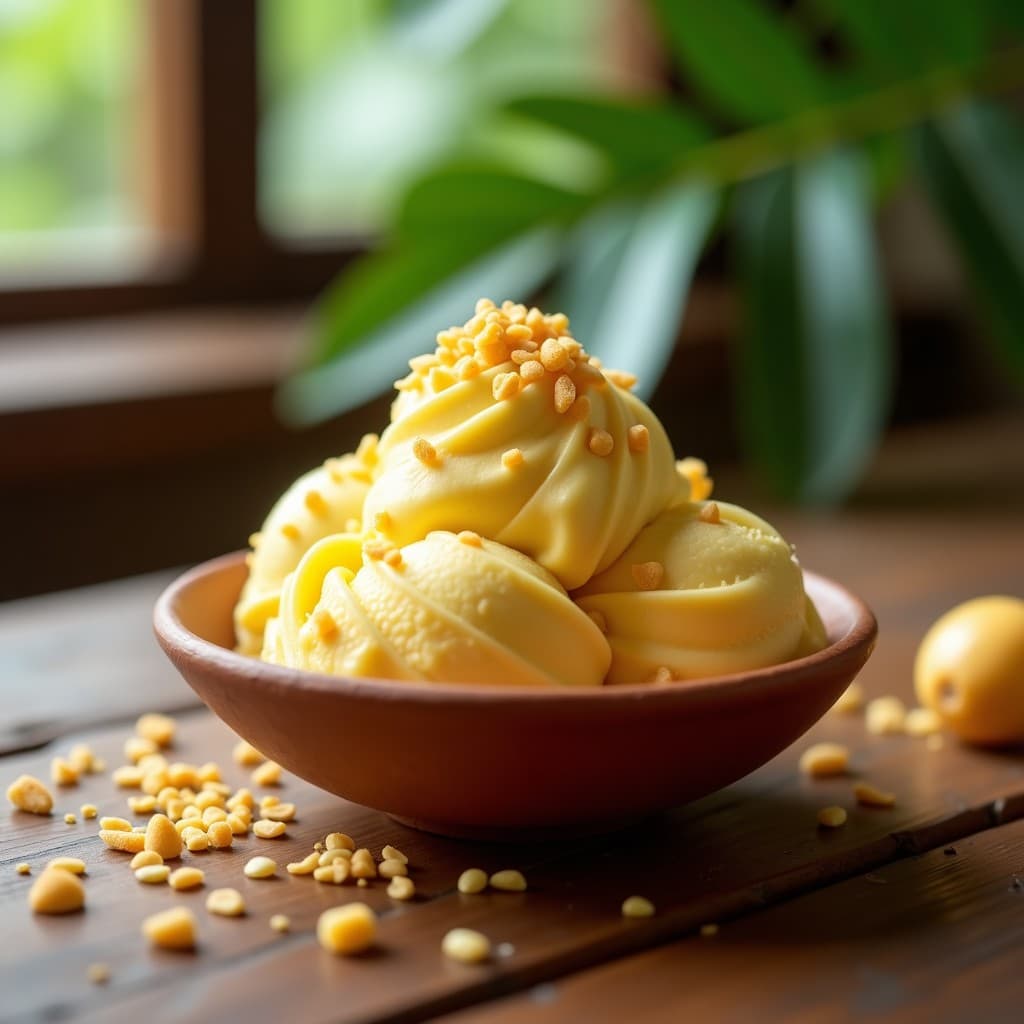 Helado cremoso de pitahaya amarilla con vetas doradas de miel de ule, servido en un bol de barro con crujiente de amaranth tostado espolvoreado encima. Postre colombiano sin lactosa, fresco y colorido.