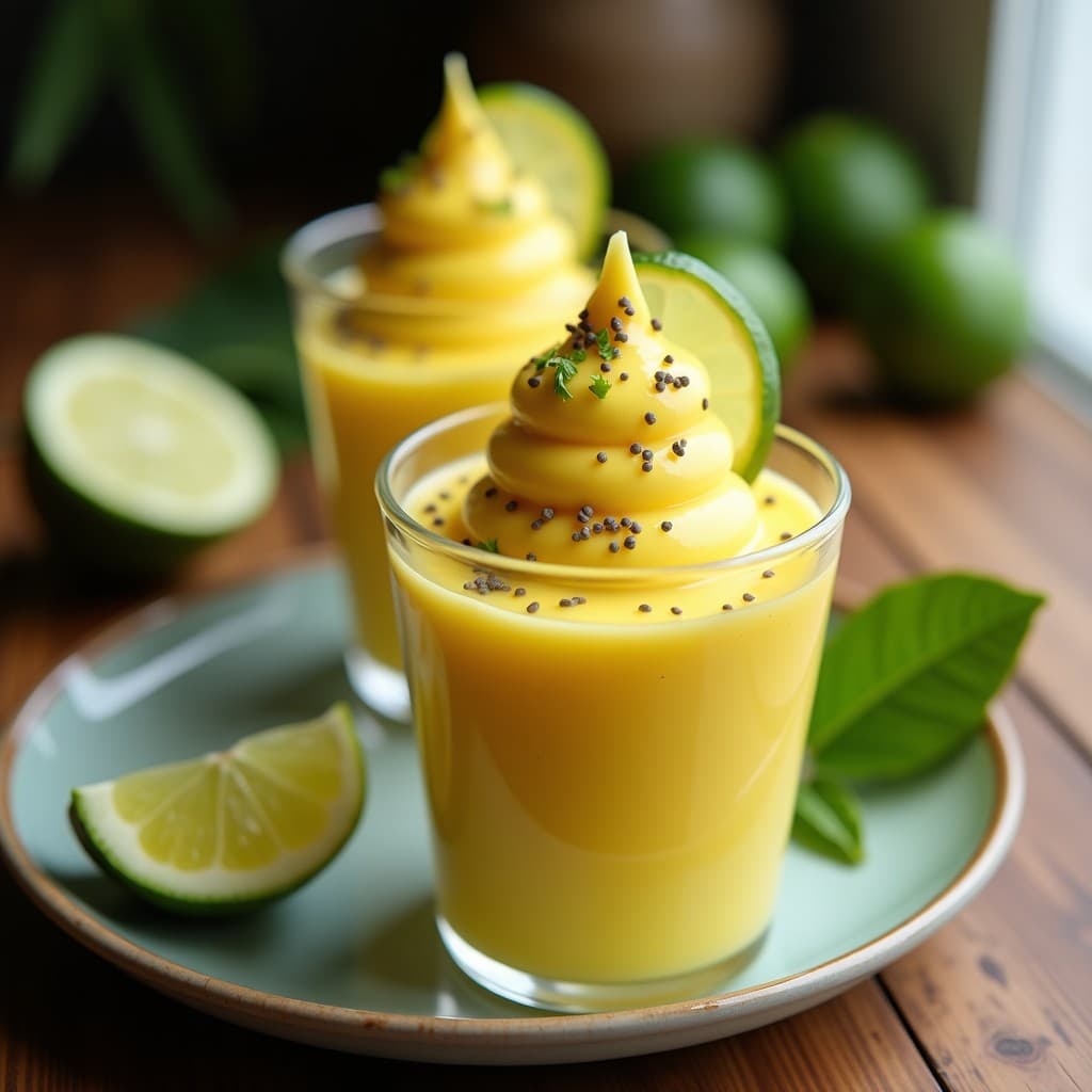 Helado de pitahaya y poco de chía servido en copas de vidrio transparente, con textura cremosa y color amarillo vibrante. Decorado con rodajas de lima y semillas de chía visibles. Postre colombiano vegano y antioxidante.