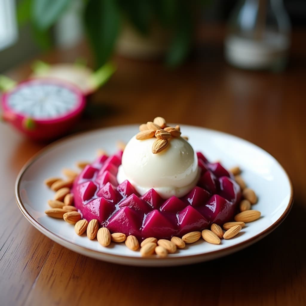 Helado de pitahaya y coco en copas de vidrio transparente, con capas rosadas y blancas, coronado con crujiente de almendras doradas y coco rallado. Postre colombiano keto sin azúcar, fresco y vibrante.