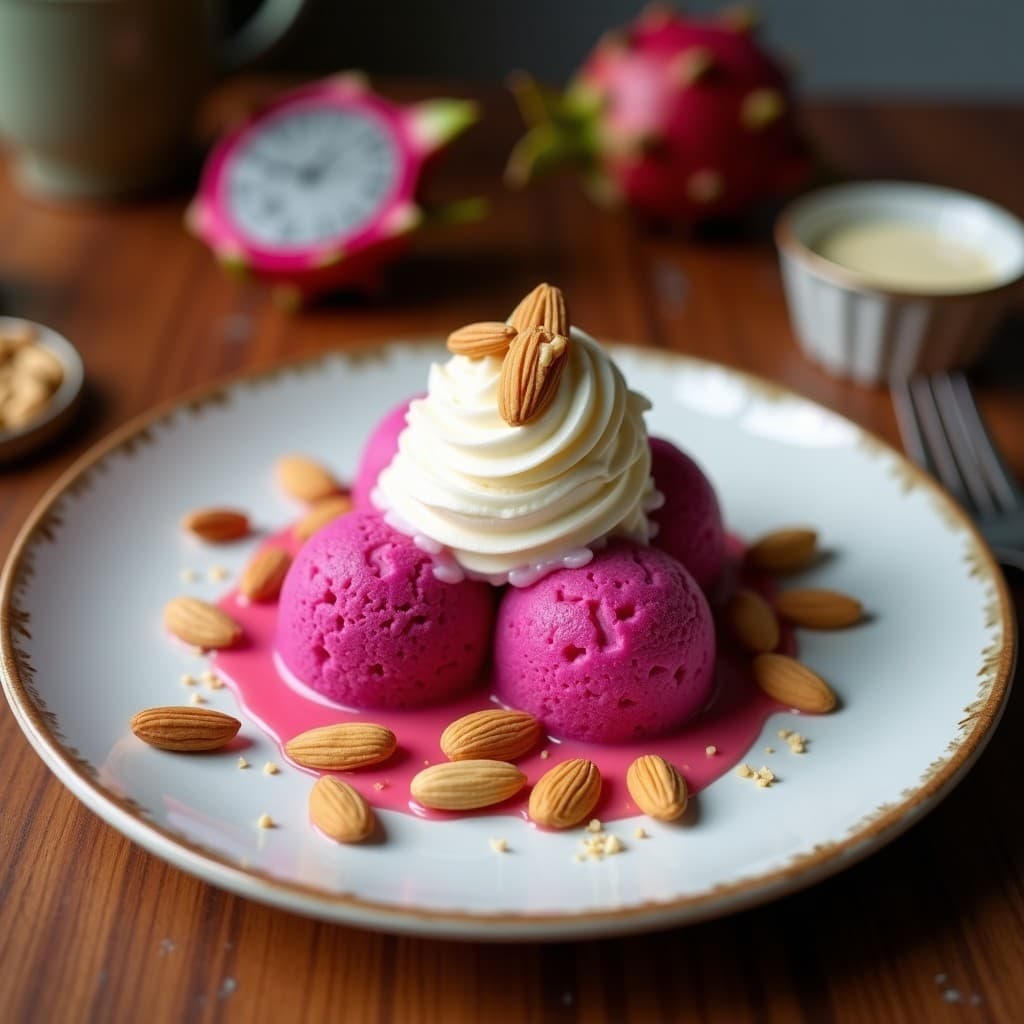 Copa de cristal transparente con helado de pitahaya y jengibre de color rosa vibrante, coronado con crocante de almendras doradas y una rodaja de lima. Fondo desenfocado con hojas de menta y luz natural.