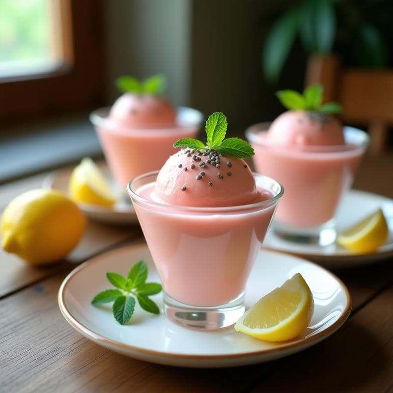 Helado de pitahaya y lemongrass en copas de cristal con textura cremosa, decorado con semillas de chía y hojas de menta. Postre vietnamita sin azúcar en tonos rosados y blancos.