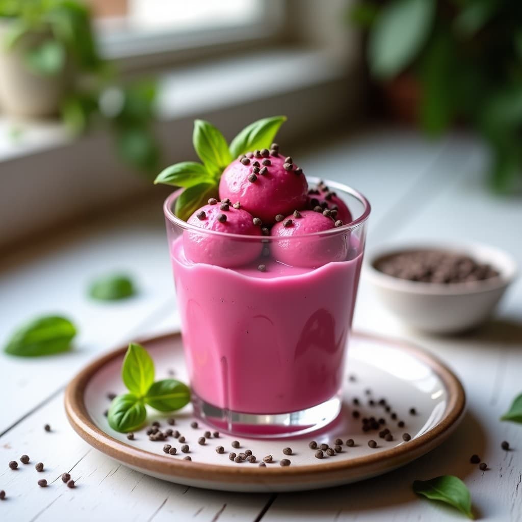 Helado de pitaya y albahaca vegano sin azúcar servido en copa de vidrio transparente, con vibrante color rosa y hojas de albahaca fresca como decoración, sobre fondo blanco con textura rústica.