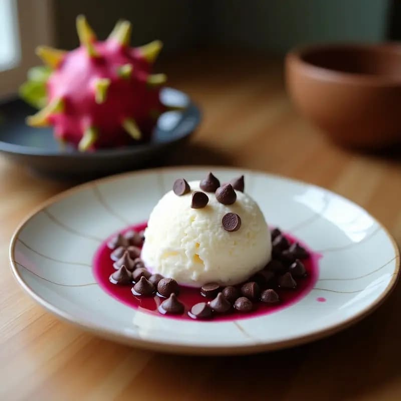 Helado de pitaya y coco con chips de chocolate negro en molde de silicona, color rosa vibrante con vetas de coco rallado y trozos de chocolate. Postre mexicano vegano fresco y cremoso.
