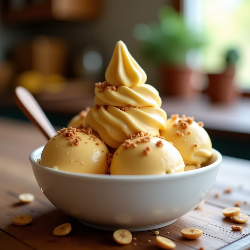 Cuenco de cerámica blanca con helado de plátano y cacahuete vegano sin azúcar, textura cremosa y vetas de crema de cacahuete, decorado con trocitos de cacahuete tostado y una cuchara de madera. fondo borroso de cocina natural.