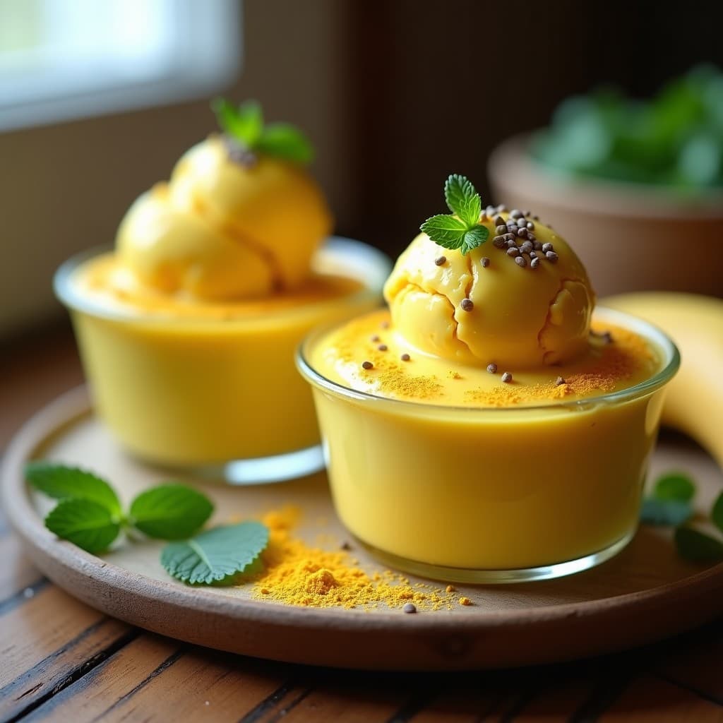 Copas de cristal con helado de plátano y cúrcuma vegano sin azúcar, decorado con semillas de chía y una pizca de cúrcuma en polvo. Textura cremosa y color dorado claro, servido sobre una mesa de madera rústica con hojas de menta.
