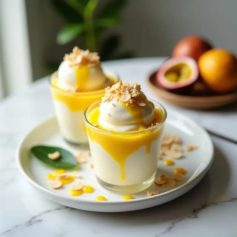Helado de queso crema y maracuyá en copas de cristal transparente, decorado con coco rallado tostado y almendras fileteadas, con un hilo de pulpa de maracuyá amarilla por encima. Fondo blanco con detalles tropicales.
