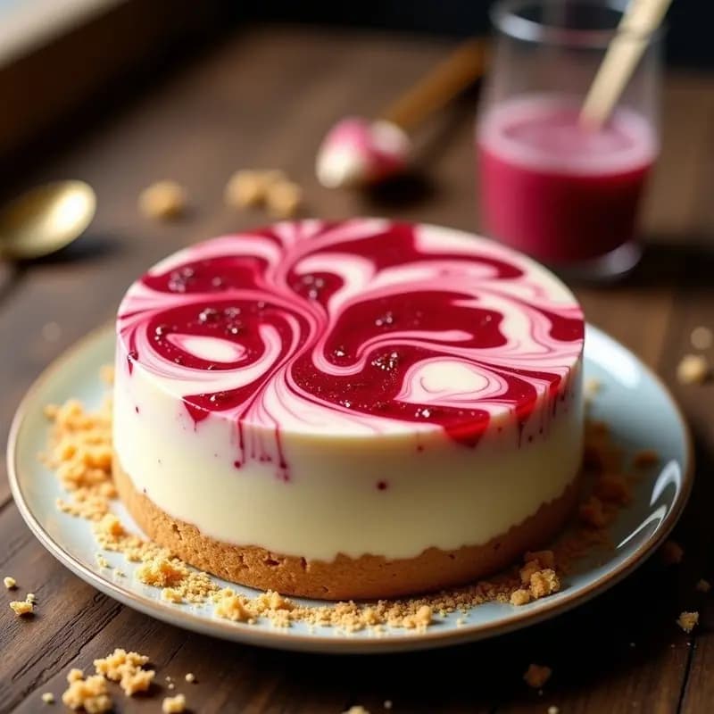 Corte transversal de helado de queso crema con vetas de mermelada de frutos rojos y base de galleta triturada, servido en plato blanco con cuchara.