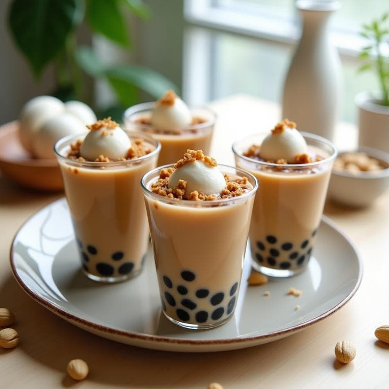 Copas de helado de té de burbujas con base cremosa de leche de coco, perlas de tapioca negras y toppings de mochi blanco y cacahuetes tostados, postre japonés jin sin azúcar ni lactosa.