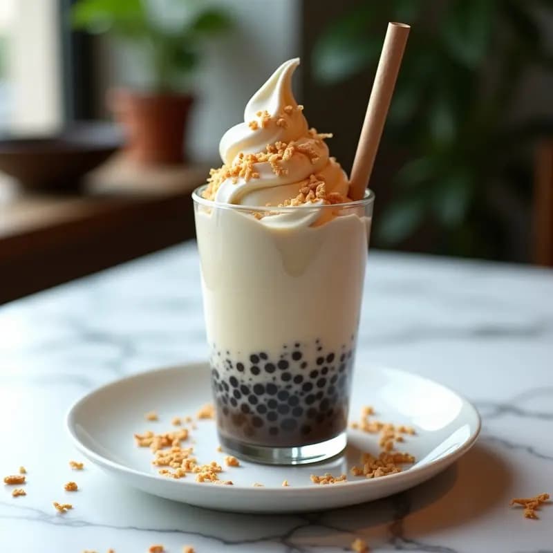 Vasito transparente con helado de té de burbujas en capas, perlas de chía negras y gelificadas, cubierto de crujiente dorado de coco y almendras fileteadas, fondo blanco minimalista con hojas de menta.