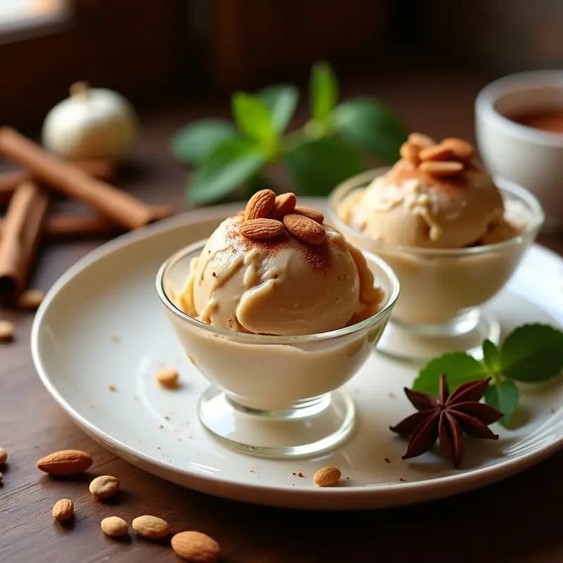 Copa de helado cremoso de color beige claro con vetas especiadas, decorado con almendras fileteadas tostadas y una pizca de canela en polvo. Fondo con especias de chai (cardamomo, clavo y canela) dispersas sobre una superficie de madera oscura. Receta de helado de té chai y leche de almendras sin lactosa.