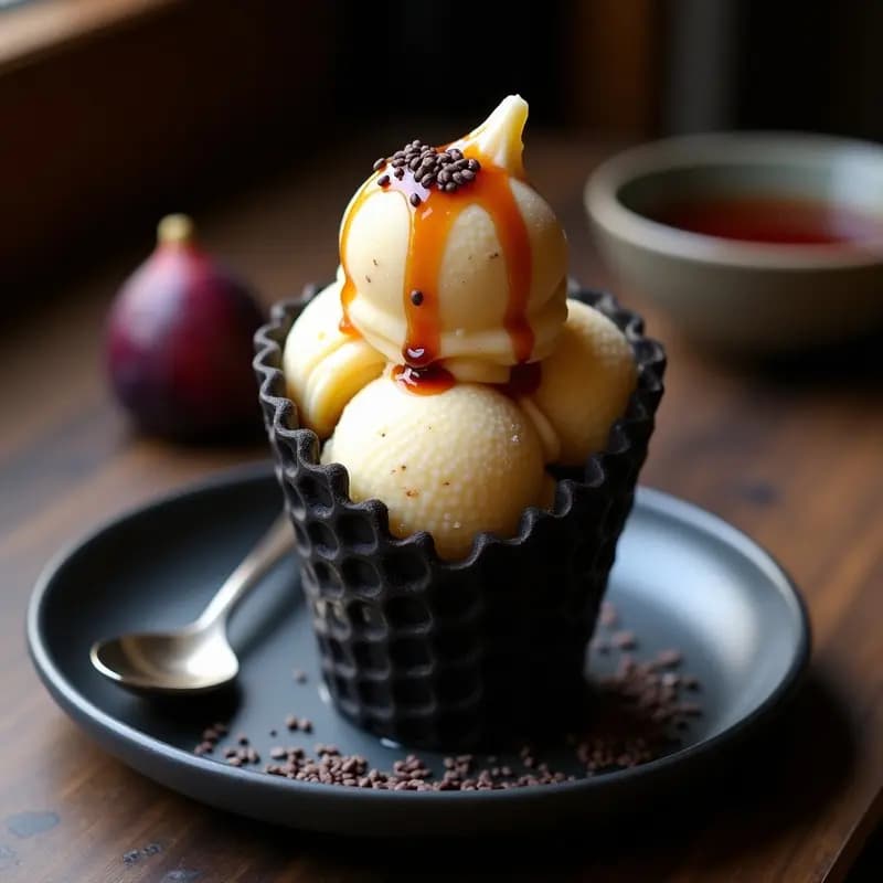 Cucurucho de barquillo negro con helado cremoso de té chai y New Zealand Honey, decorado con coulis de higo negro y semillas de chía, sobre fondo rústico de madera oscura.